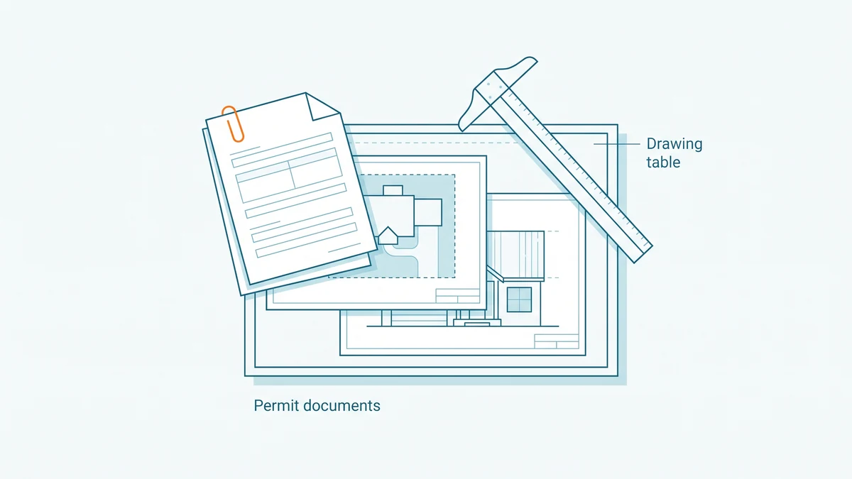 Overlapping outlined sheets showing a site plan, an elevation and a plain application form lying on top, the form drawn in orange.