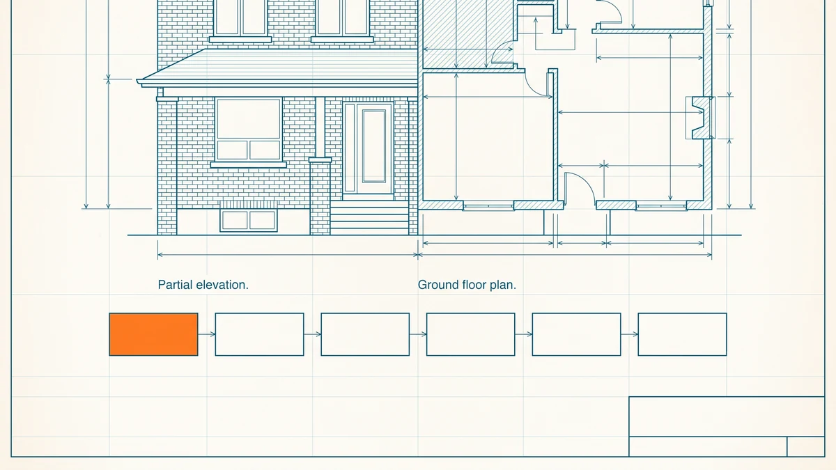 Measured drawing sheet of a semi-detached house above a lower band of outlined boxes joined by slim arrows, with the submission stage box in orange.