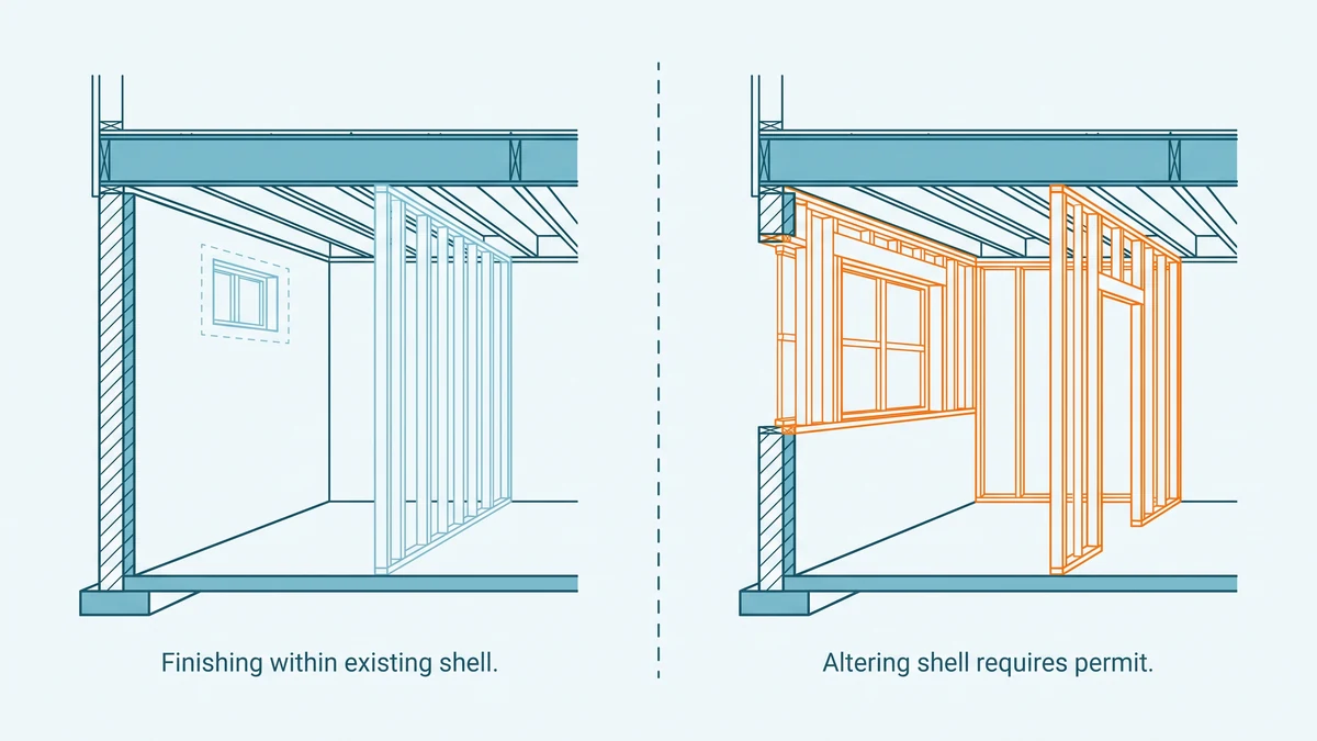 Basement cross-section showing existing foundation, slab and joists in teal, with an added partition wall and enlarged window opening marked in orange.