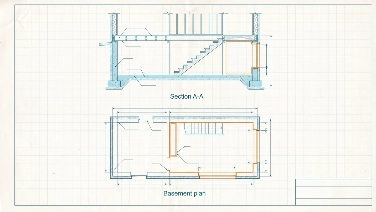 Measured drawing sheet of a house basement in section and plan, with a new partition wall and an enlarged basement window picked out in orange.