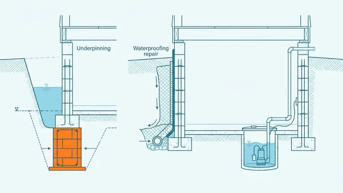 Flat technical section through a house foundation showing three basement jobs side by side: a new concrete block in orange built beneath the existing footing at the left, an exterior waterproofing membrane with a drainage layer and weeping tile at the right, and a sump pit with a pump set into the floor slab.