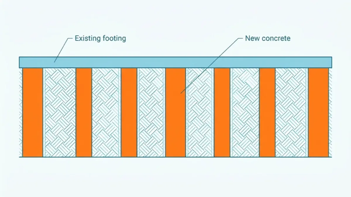 Flat technical cross-section through a house foundation showing underpinning built in alternating bays: a continuous existing strip footing carried across the top, solid new concrete piers in orange filling every second bay beneath it, and undug hatched earth standing between them.