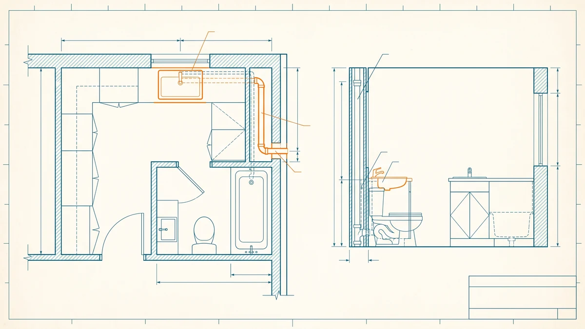 Measured drawing sheet of a kitchen and bathroom in plan and elevation, with a relocated sink and its new drain line highlighted in orange.