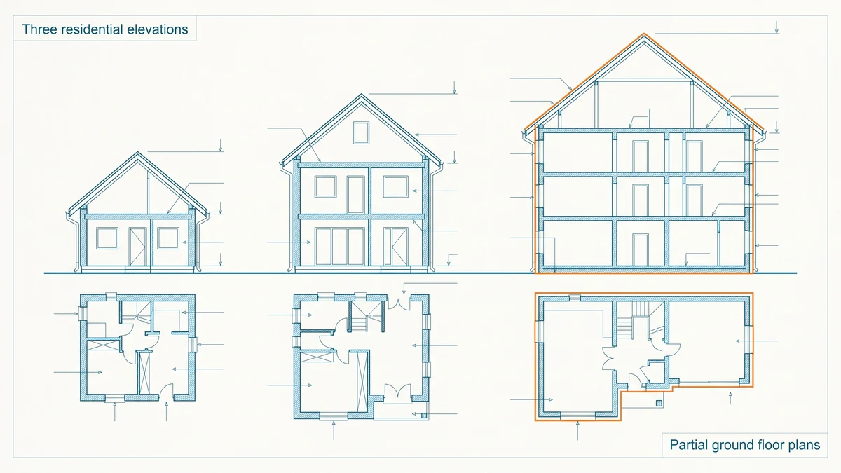 Drafting sheet with a row of plain house elevations at different scales, each above an empty rate card, with a card outlined in orange.