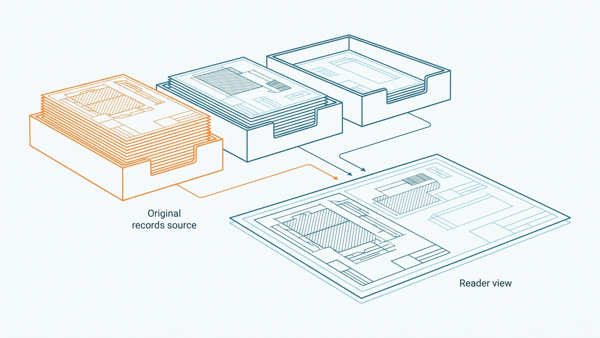 Line diagram of separate trays of filed drawing sheets feeding leader lines into a flat sheet below, with the nearest tray marked in orange.