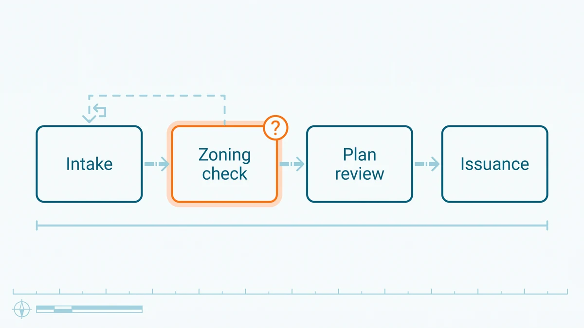 Row of outlined boxes for intake, zoning check, plan review and issuance joined by slim arrows, the zoning check box drawn in orange.