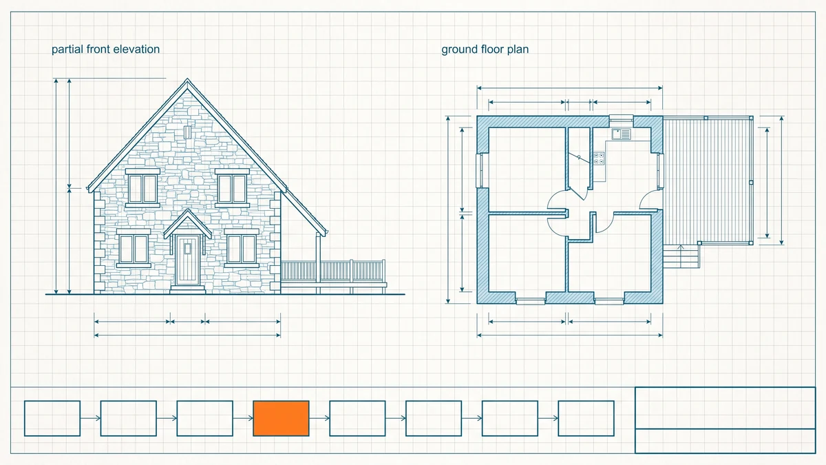 Measured drawing sheet of a stone-fronted Ottawa house with a steep roof and rear deck above a band of outlined process boxes, the intake box in orange.