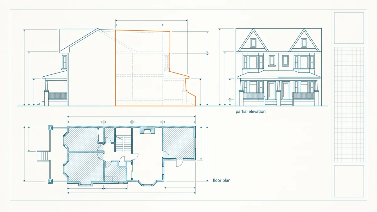 Measured drawing sheet of a semi-detached house where the rear addition is drawn in ghosted dashed line and outlined in orange against the solid permitted structure.