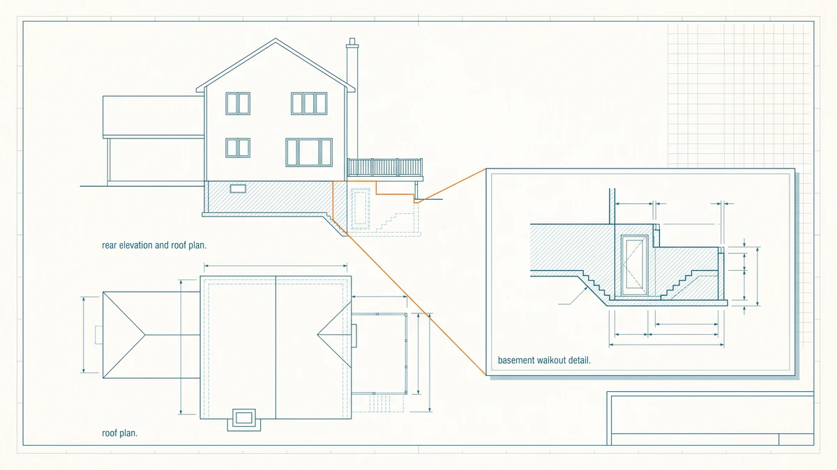 Drawing sheet of a house rear elevation with a basement walkout in ghosted dashed line, redrawn solid on an overlapping sheet corner traced in orange.