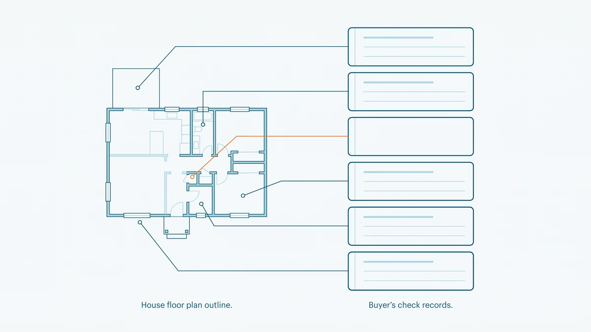 Diagram of a house plan linked by leader lines to a stack of record panels, with the line reaching an empty panel marked in orange.