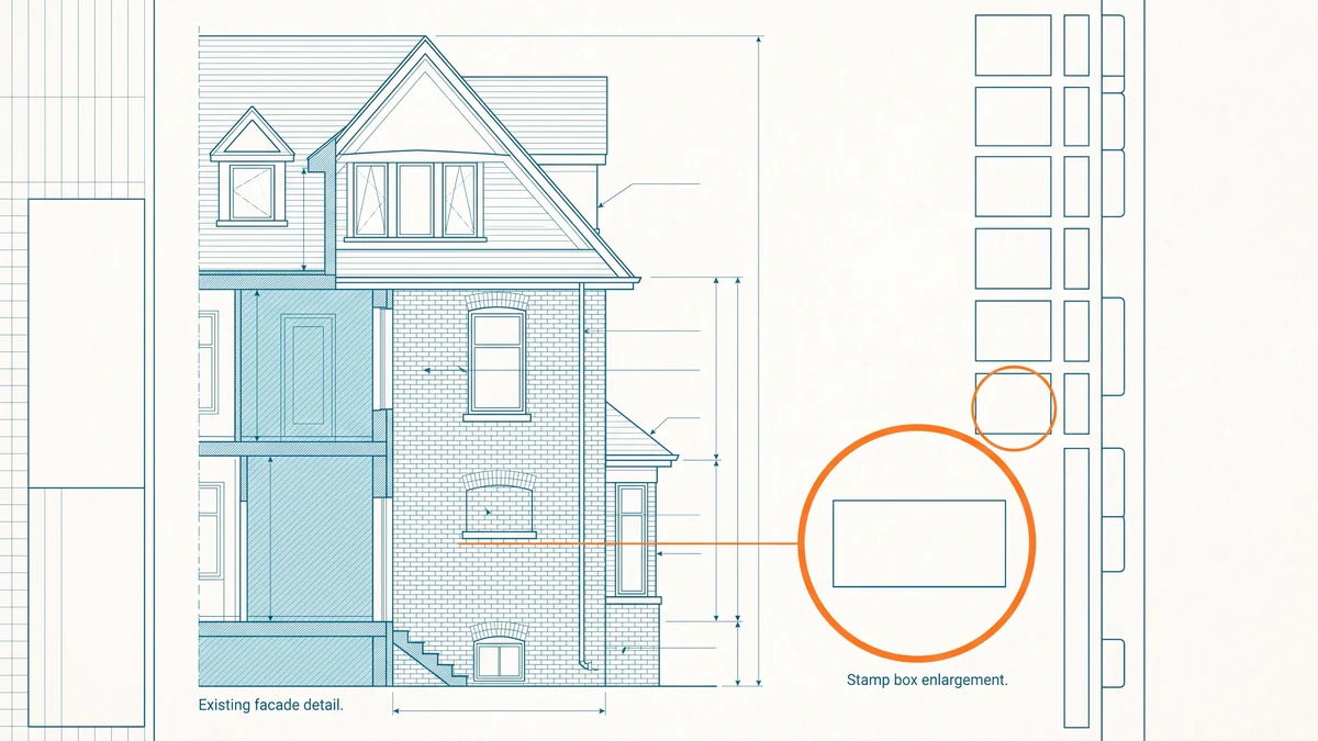 Architectural drawing sheet of a house elevation with a column of empty stamp boxes down the margin and a magnifier callout enlarging a stamp box, ringed in orange.
