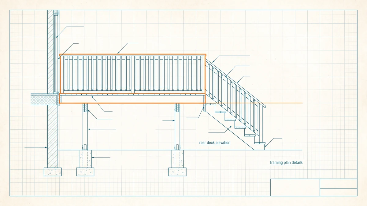 Measured drawing sheet of a wooden rear deck in elevation and framing plan, with the guard rail and the height of the walking surface above grade marked in orange.