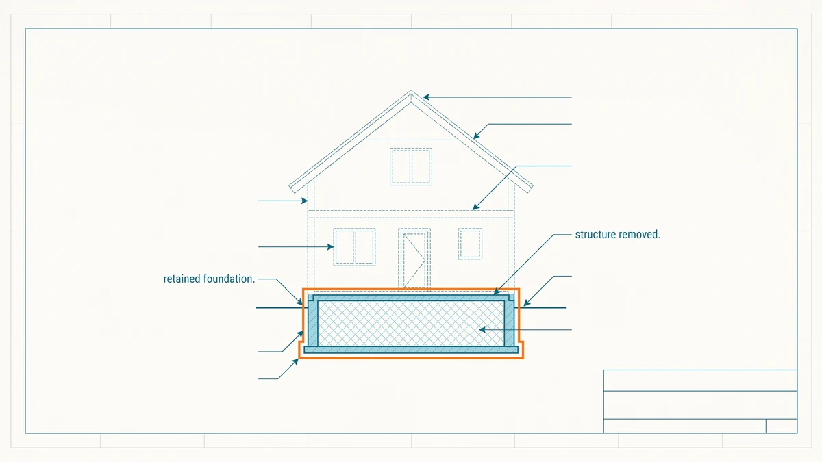 A detached home's measured elevation is drawn with fine lines, while a dashed outline marks the section slated for removal and the foundation that stays is highlighted in orange.