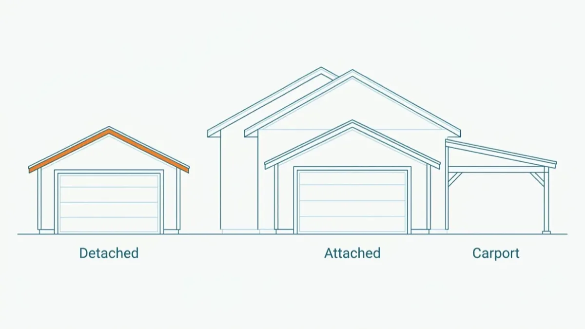 Flat technical elevation comparing three accessory car structures over a common ground line: a freestanding enclosed garage standing apart from the house on the left in orange, an enclosed garage built into the side of the house in the middle, and an open roof on posts beside the house on the right.