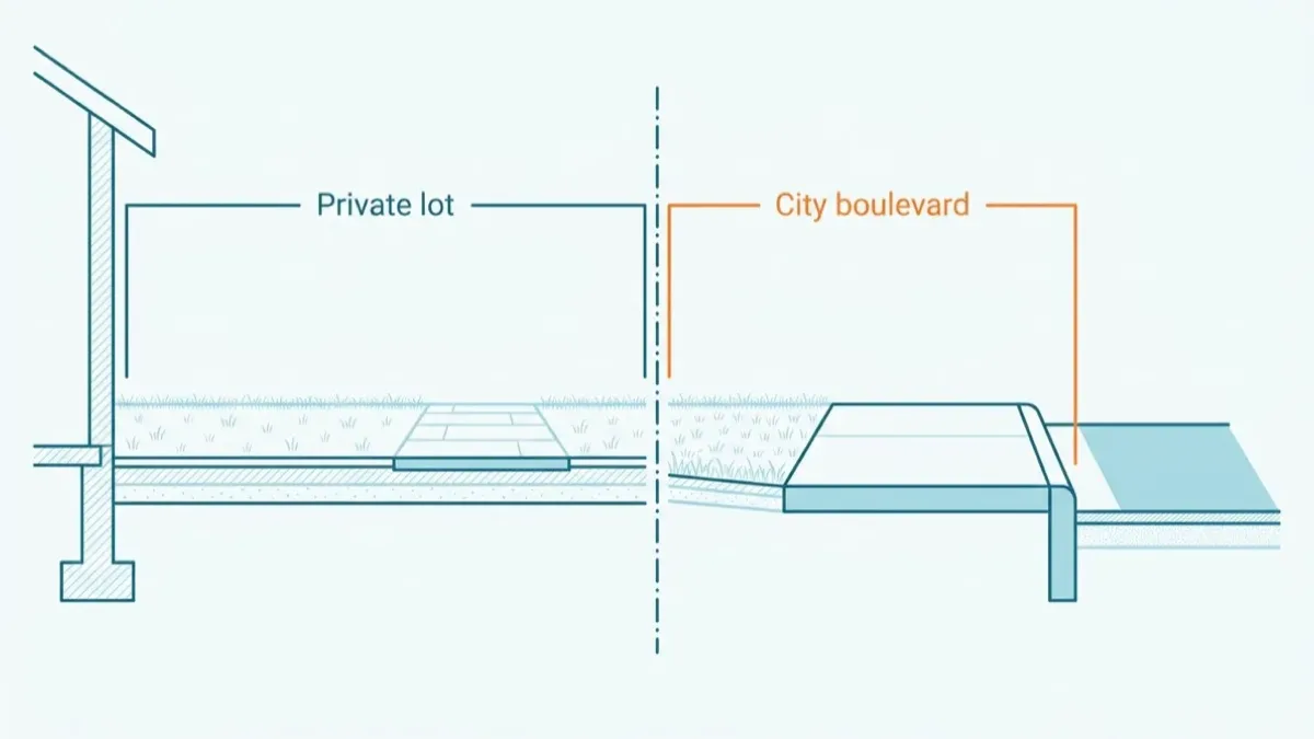Flat technical section across a residential front yard from the house wall to the road, showing the private front yard, a vertical dash-dot property line, the City boulevard strip of grass, the public sidewalk, and the curb dropping to the road, with a bracket over the private ground and a second bracket over the City ground.