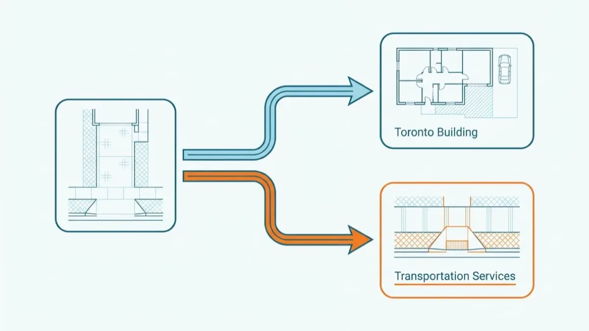 Two-branch routing diagram: a driveway plan on the left splits into a box holding a house plan with a parking space beside it, and a box holding a sidewalk and a dropped curb, the lower branch drawn in orange.