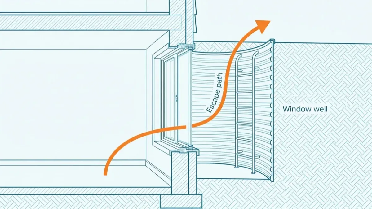 Flat technical cross-section through a below-grade bedroom wall showing an egress window set into the foundation wall, a corrugated window well outside it with a ladder, hatched earth to either side, and an orange arrow tracing the escape route out through the window and up the well.