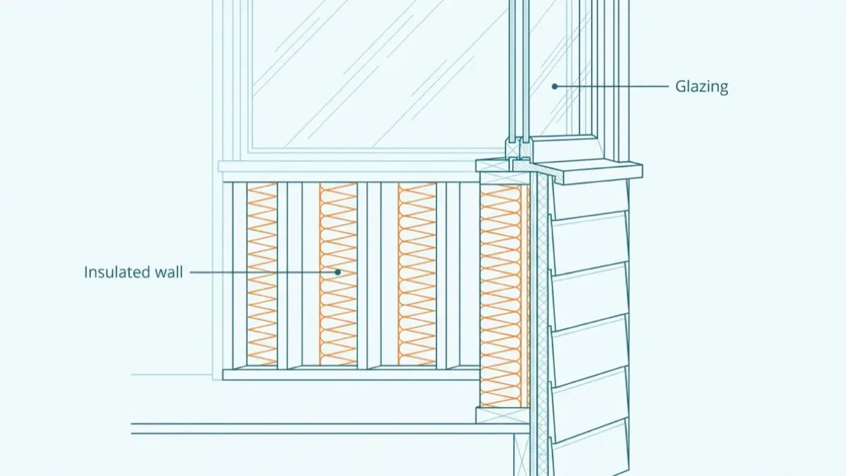 Enlarged flat technical cross-section through a newly enclosed porch wall, showing the sill on the existing porch floor, a framed stud wall with orange insulation hatching between the studs, a sheathed and clad exterior face, and a glazed window unit set into the wall above.