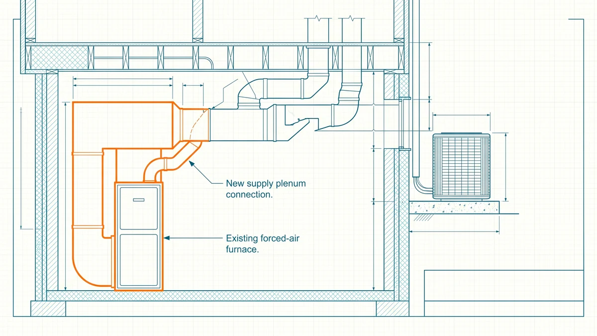 Measured section of a house showing a basement furnace, outdoor condenser and duct runs between the joists, with the furnace and its plenum connection marked in orange.