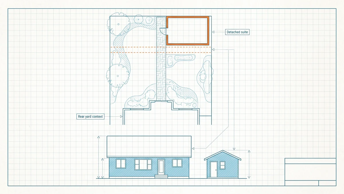 Measured site plan and rear elevation of a Toronto lot with the main house at the front and a detached garden suite at the back, its footprint and rear setback band in orange.