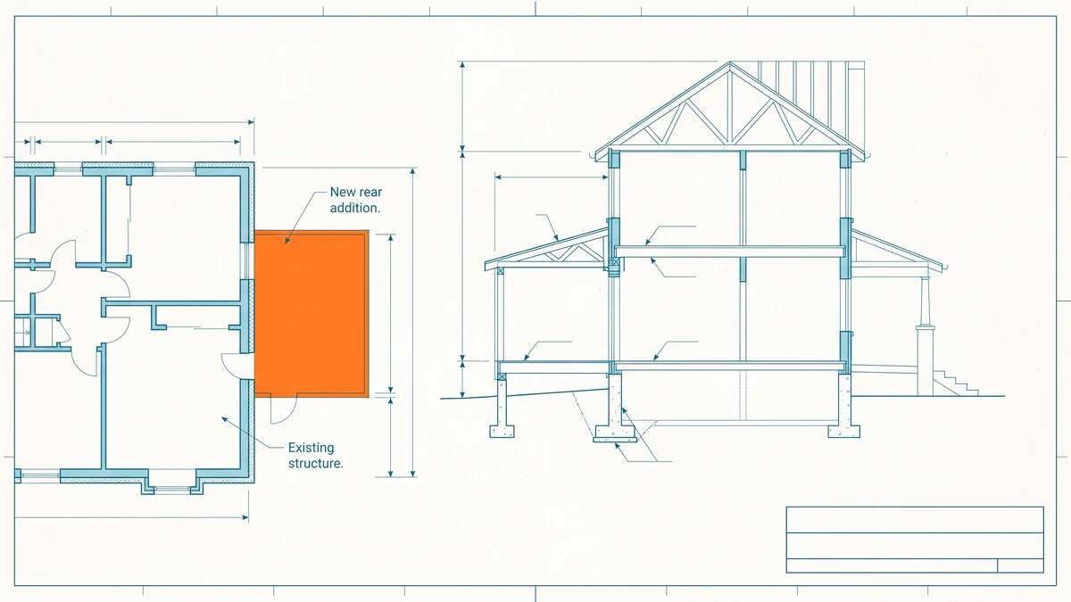 A sheet of measured drawings displaying a house in elevation, with the rear addition shown as a continuation of the current outline and the new floor area shaded in orange.