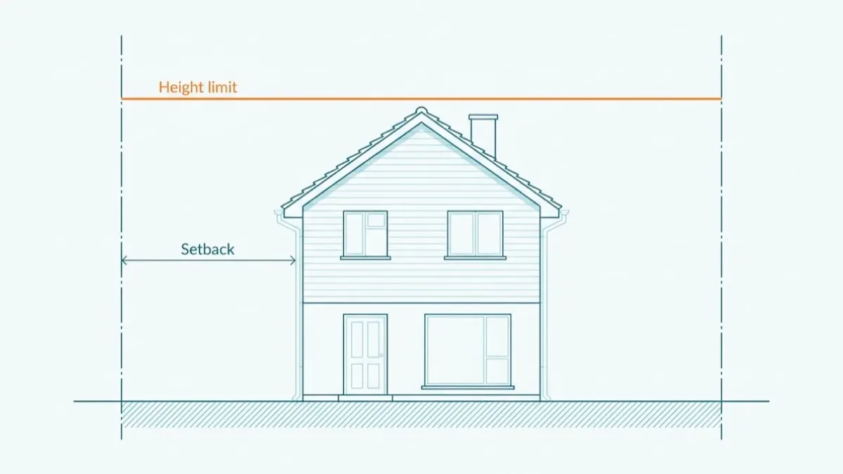 Side elevation of a detached house standing between two vertical dash-dot lot boundary lines, with an orange horizontal rule running across above the roof, an arrow from the left boundary to the near wall of the house, and a hatched band across the ground under the building.