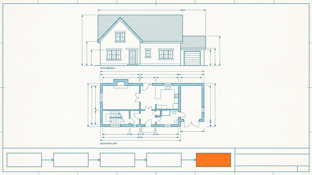 Measured drawing sheet of a generic Ontario detached house with a gable roof and attached garage above a band of outlined process boxes, the review box in orange.