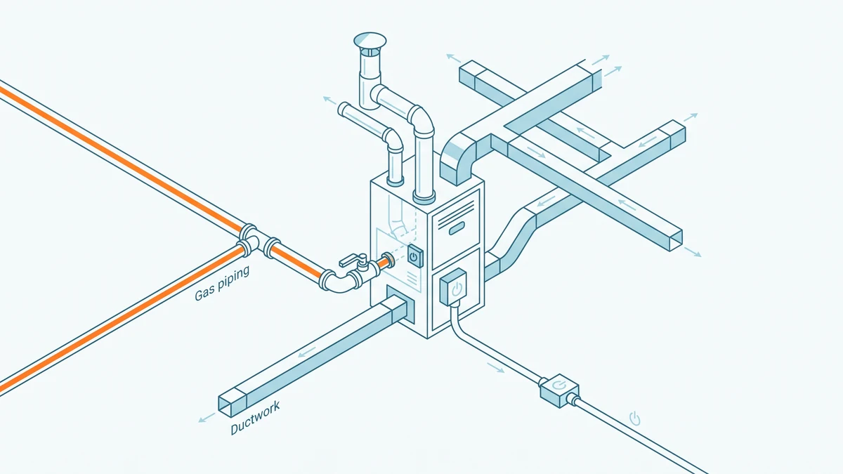 Schematic of a heating installation split into separate runs for gas piping, appliance venting, ductwork and electrical supply, the gas piping accented in orange.