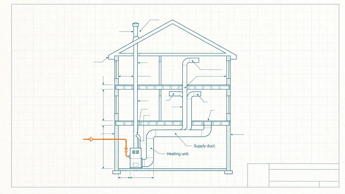 Measured schematic of a house heating system with furnace, plenum, ductwork and flue, the gas line and furnace connection accented in orange.