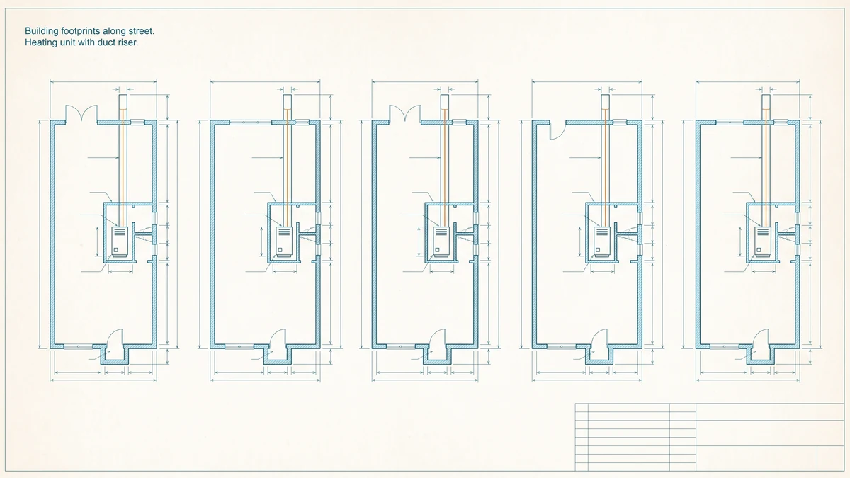 Row of measured building footprints in plan along a street, each with a small heating unit and duct riser drawn inside, the risers accented in orange.