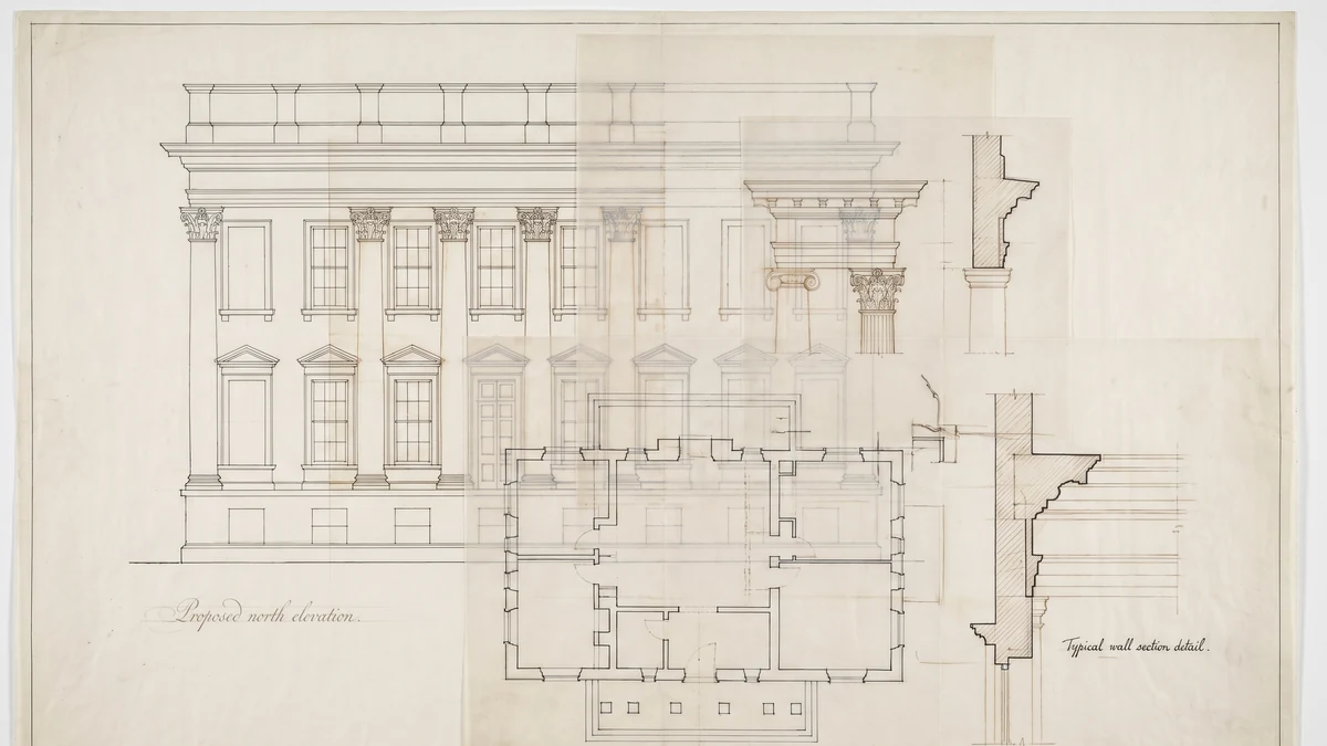 Cutaway house section showing a furnace cabinet in a mechanical room with supply and return ductwork branching to registers, the furnace and main trunk outlined in orange.