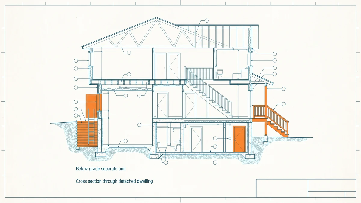 Cross-section of a detached house with the basement drawn as a separate dwelling, its egress window well and side entrance stair accented in orange.