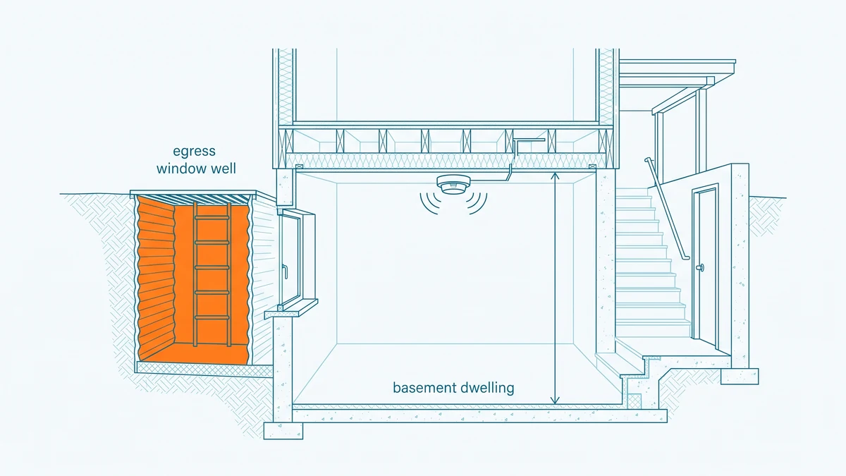 Cutaway of a basement dwelling showing an egress window well, entrance stair, layered ceiling, smoke alarm and a blank ceiling height dimension line.