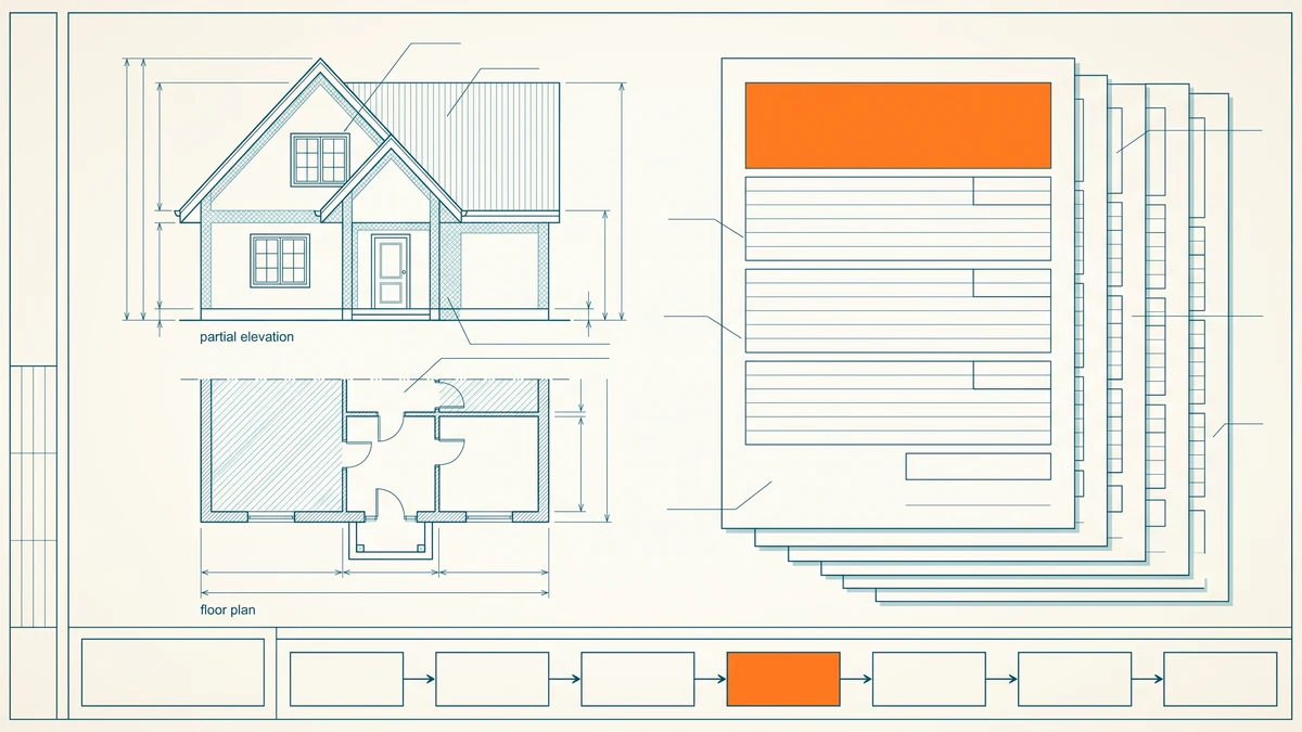 Measured drawing sheet pairing a house elevation and plan with a stack of blank ruled form sheets, a form sheet and its matching process box in orange.