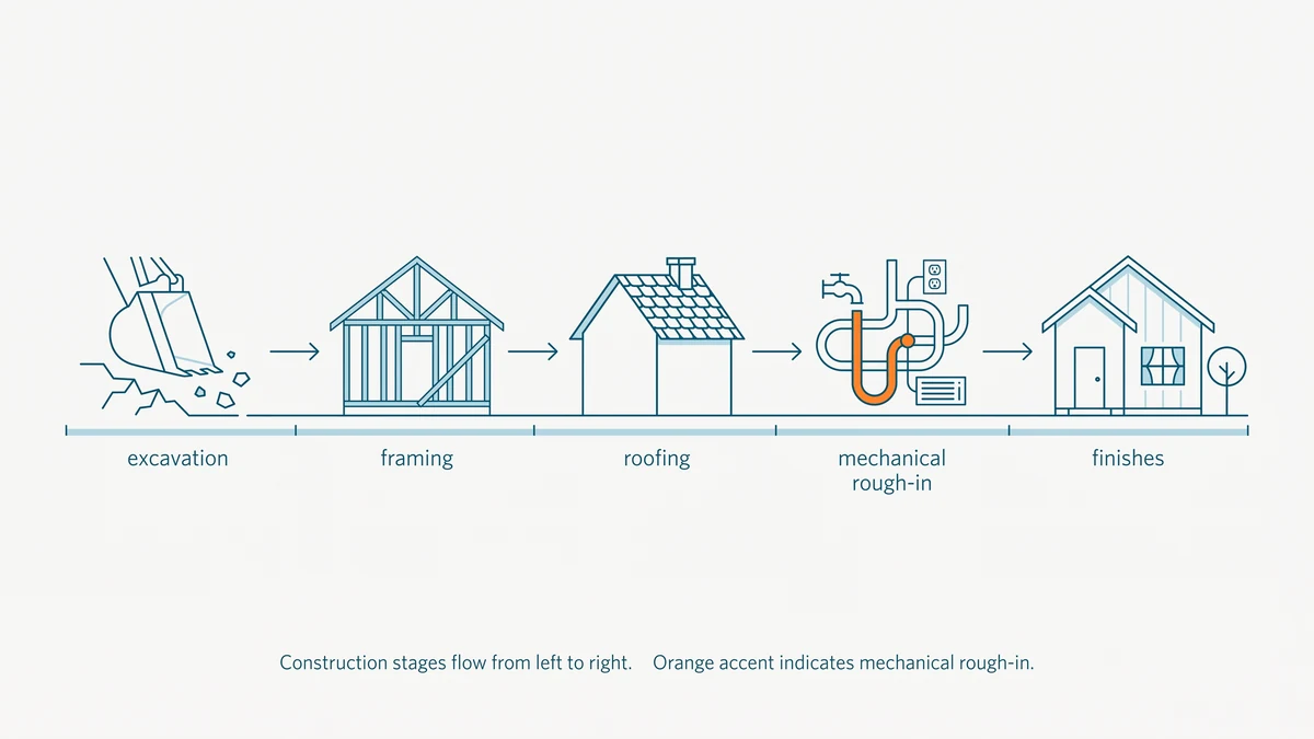 Sequence of construction stages along a rule from excavation through framing, roofing, mechanical rough-in and finishes, with rough-in accented in orange.