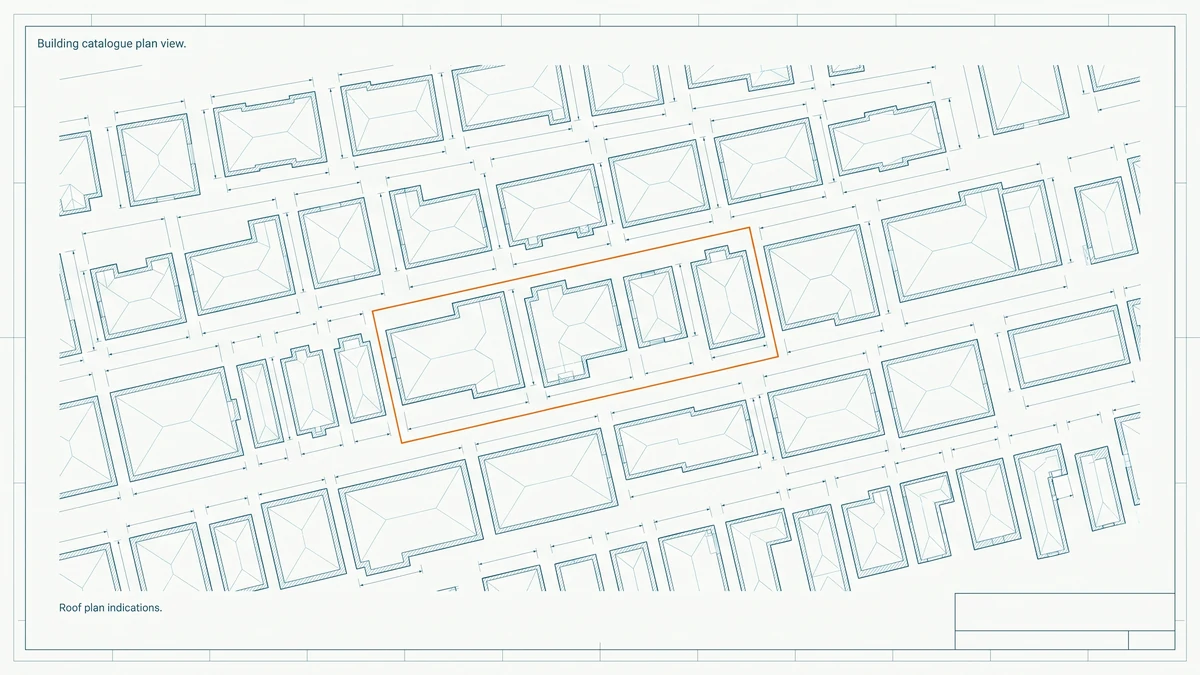 Building footprints drawn in tidy rows across a sheet like a catalogue, each with its roof plan indicated, with a row outlined in orange.