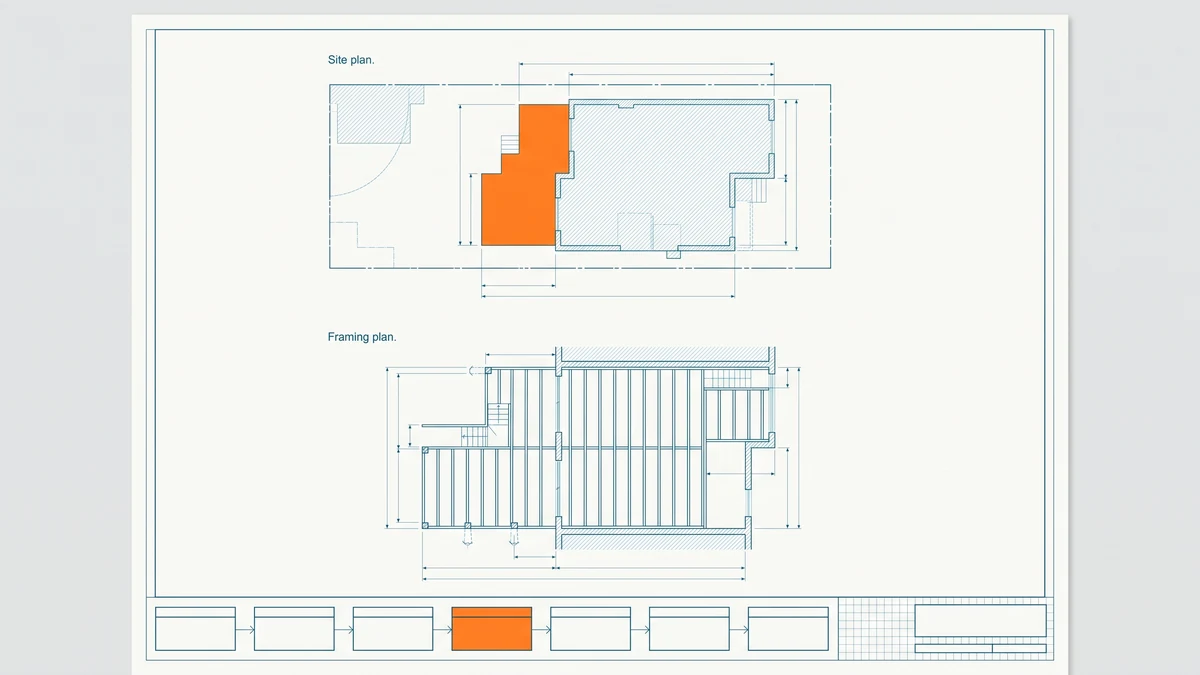 Measured sheets of a rear deck site plan and framing plan above a band of outlined process boxes, the deck footprint and the drawing stage in orange.