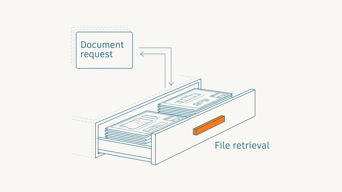 Line drawing of a request slip linked by arrows to a wide archive drawer of folded large-format drawings, with the drawer marked in orange.
