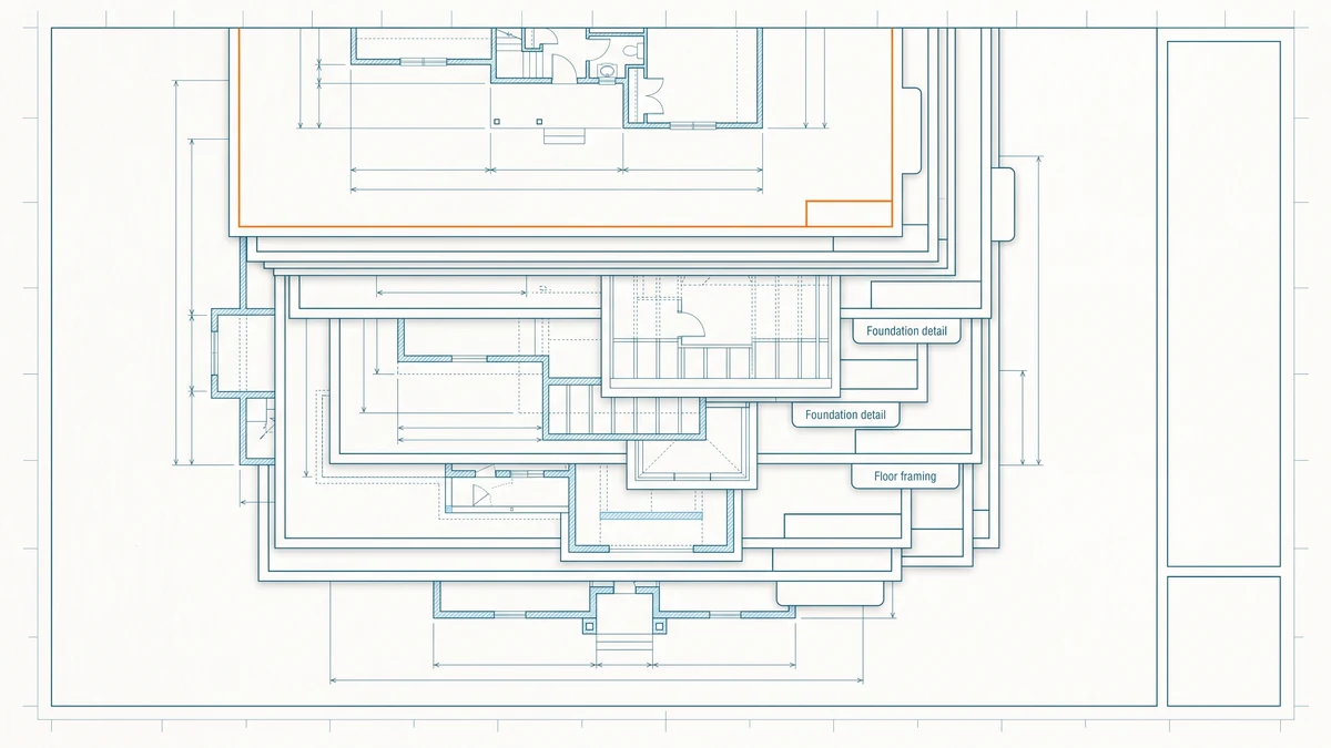 Layered stack of drawing sheets for the same house, each a partial plan at a different stage, with staggered index tabs and the top sheet outlined in orange.