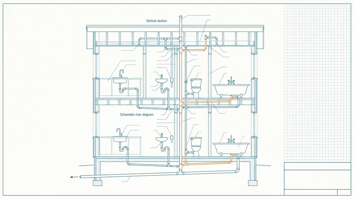 A sectional measured drawing of a house drain, waste and vent system, displaying fixture branches, traps, and a vent stack that rises through the roof, where one branch is highlighted in orange.