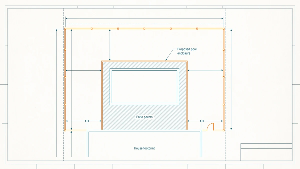 Measured plot drawing of a rear yard containing a rectangular pool, with the boundary and a single unbroken fence marked around the outside, the fence line shown in orange.