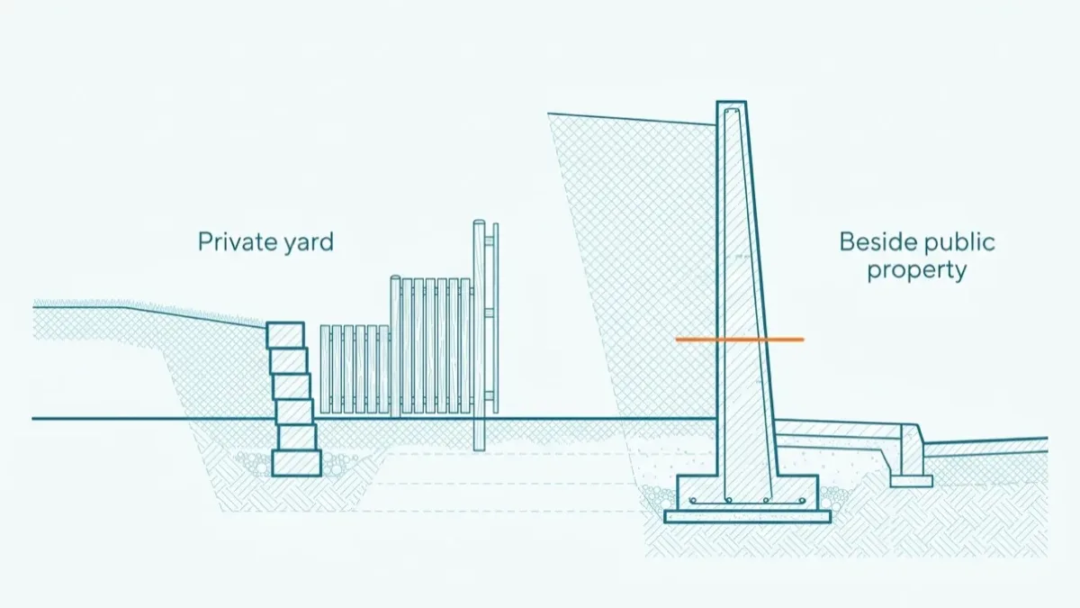 Flat technical section comparing two retaining walls over the same ground line: a low garden wall standing well inside a private back yard behind a fence on the left, and a much taller wall standing directly beside a public sidewalk and street curb on the right.