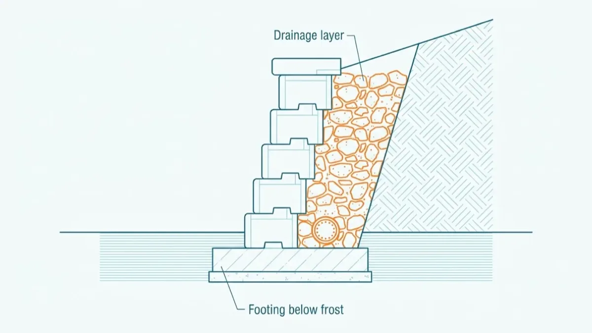 Flat technical cross-section through a working garden retaining wall on level ground, showing stacked blocks stepping back into the slope, hatched retained earth behind, an orange stone drainage layer with a perforated pipe at its base, and a wide footing buried below the ground line.