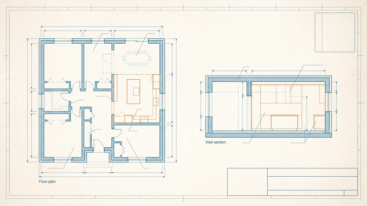 Floor plan and wall section where an already-built alteration in ghosted dashed line is being redrawn as solid line work, the redrawn portion accented in orange.