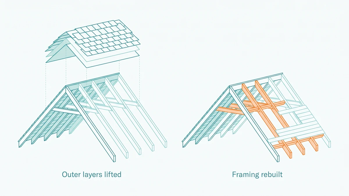 Roof sections set side by side, the left with only its covering layers lifted off intact framing and the right with rafters and sheathing opened up, the opened framing marked in orange.