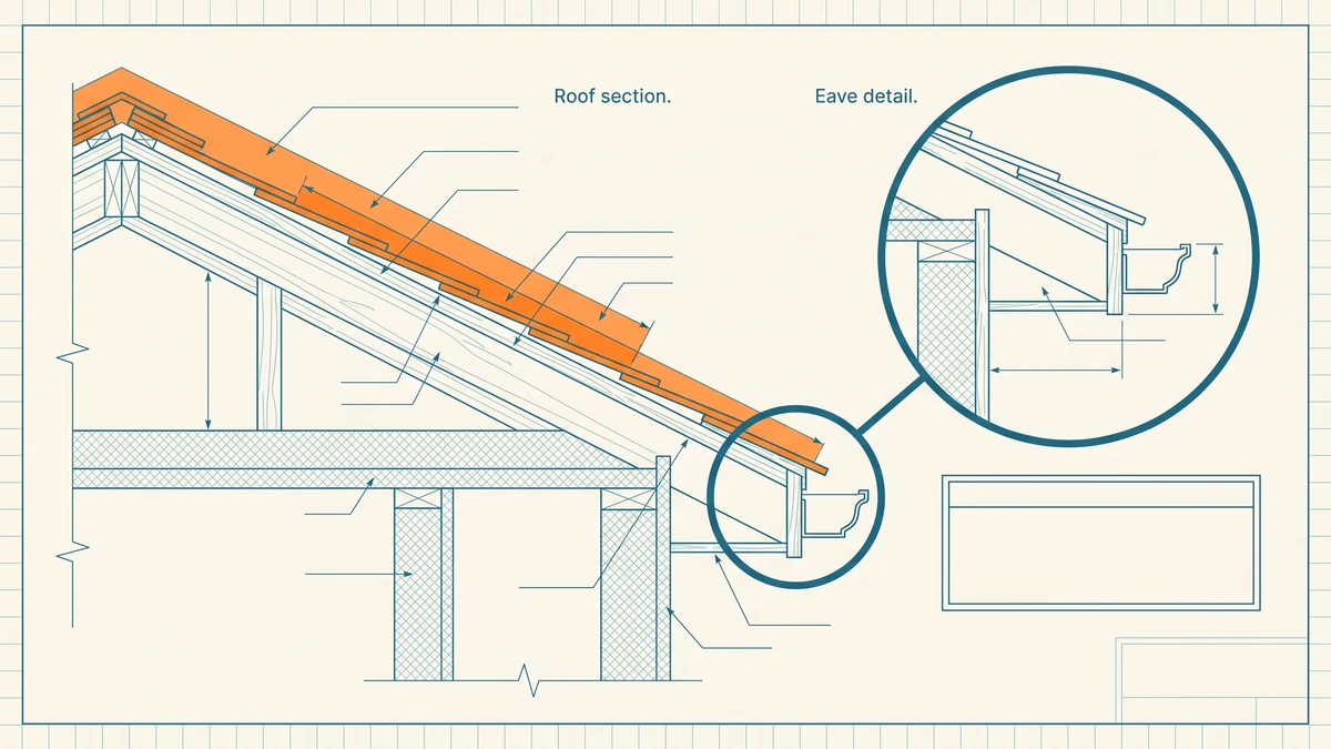 Section through a pitched roof showing rafters, sheathing, underlay and shingle courses as stacked layers with an enlarged eave detail, the covering layers shaded orange.