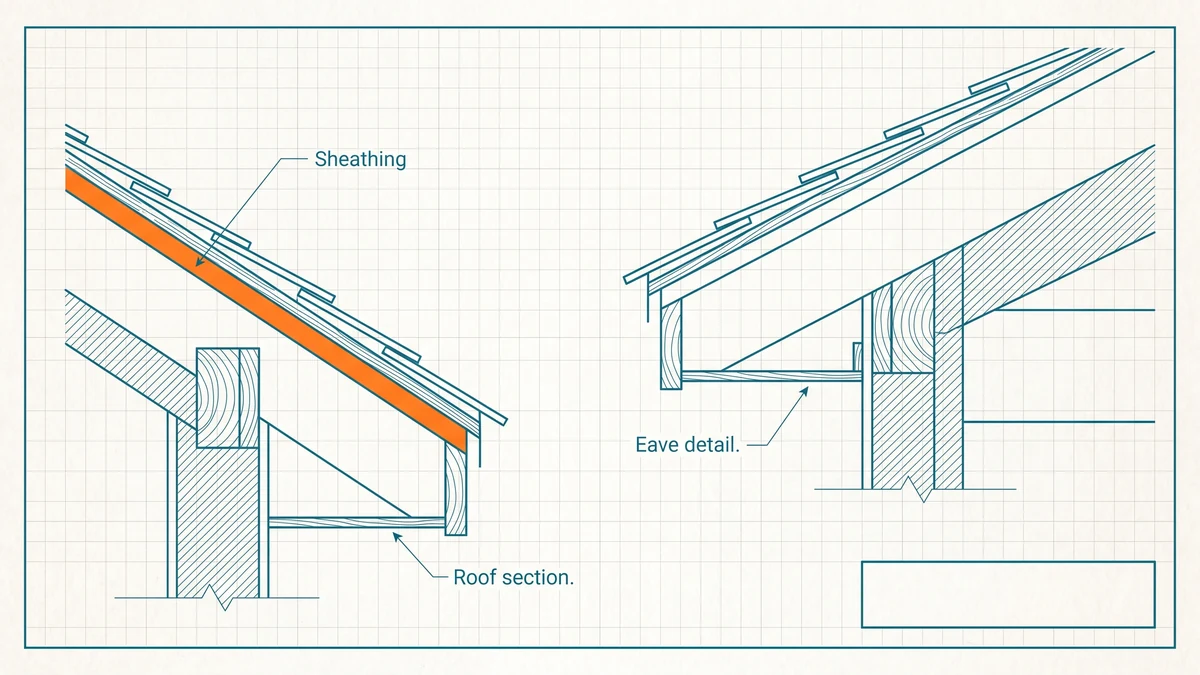Roof assembly drawn in section with rafters, sheathing, underlayment and shingle courses, plus an eave detail, the sheathing layer accented in orange.