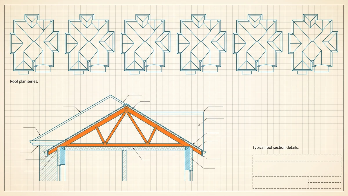 Row of house roof plans across a block with ridge, hip and valley lines drawn out, and a roof assembly section beneath them accented in orange.