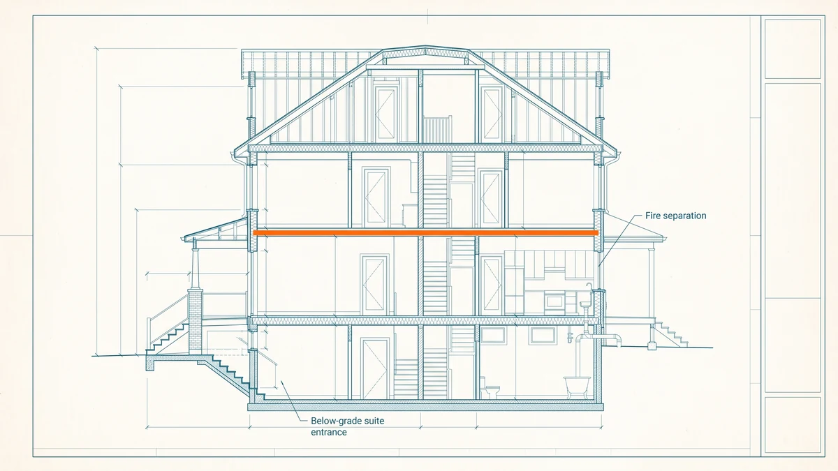 Cross-section of a semi-detached house with a below-grade suite, an exterior entrance stair, and the fire separation between floors accented in orange.