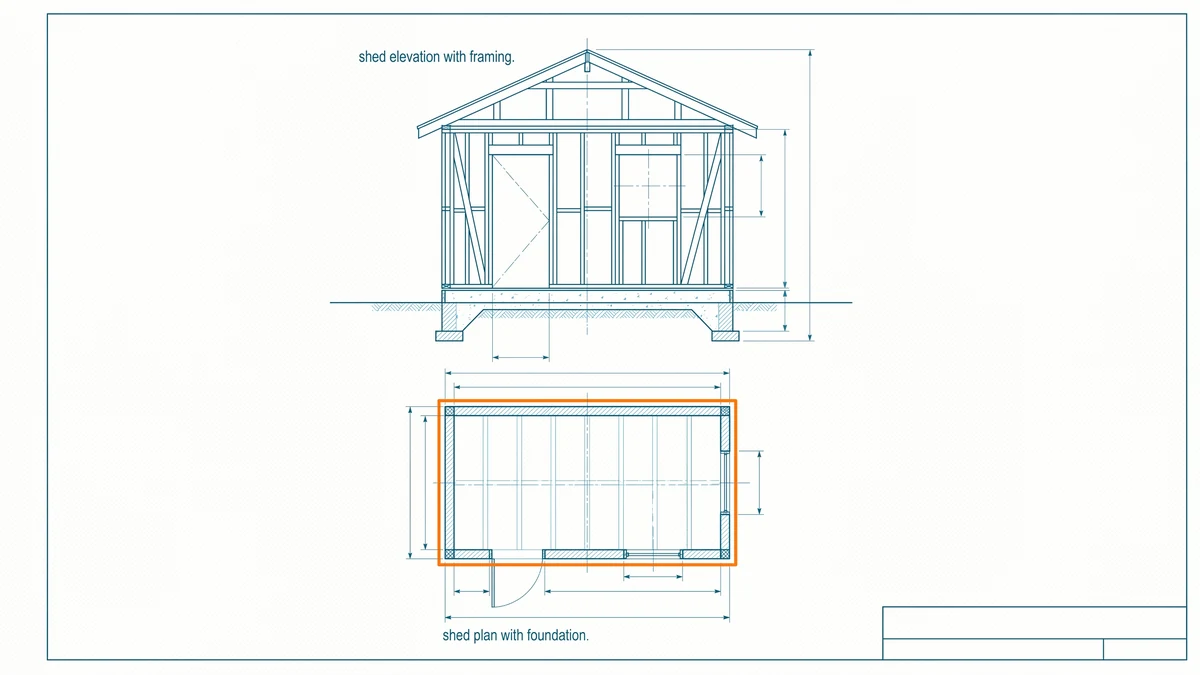 Measured drawing sheet of a small gable-roofed garden shed in elevation and plan, with the shed footprint outlined in orange.